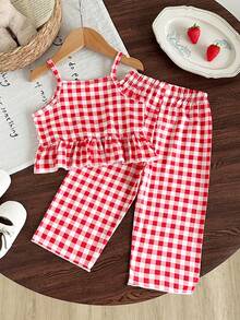 SHEIN Vintaside Kids Infant (Girl) Casual Daily Fashion Camisole Tank Top With Floral Embroidery, Delicate Soft Solid Color Pants Set, Summer Baby Outing Cute Sunny Outfit - Red - View 2