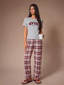 SHEIN Letter Graphic Tee & Plaid Print Pants PJ Set / Pajama Set - Multicolor - View 3