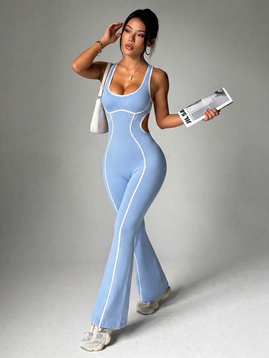 SHEIN Sovereign Charm Women's Sleeveless Cutout Waist Design Trimmed Sports Jumpsuit - Blue - View 1