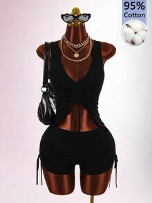 Amplova Women's Hippie Bandage Sexy Black Low-Cut Super Short Shorts 2 Pieces Set Night Out Club Summer - Black - View 6