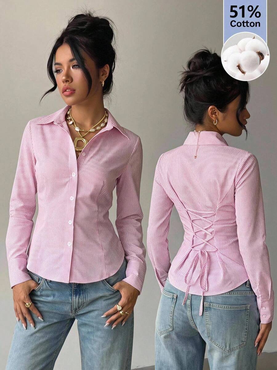 SHEIN EZwear 灰粉色條紋梭織女款襯衫 辦公室秋季優雅風
