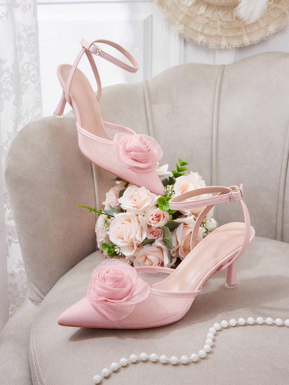 CUCCOO HITCHD Spring And Autumn New Pink Thin Heel Pointed Mesh Lace Flower Fashion Versatile Wedding Shoes Ladies High Heel Shoes