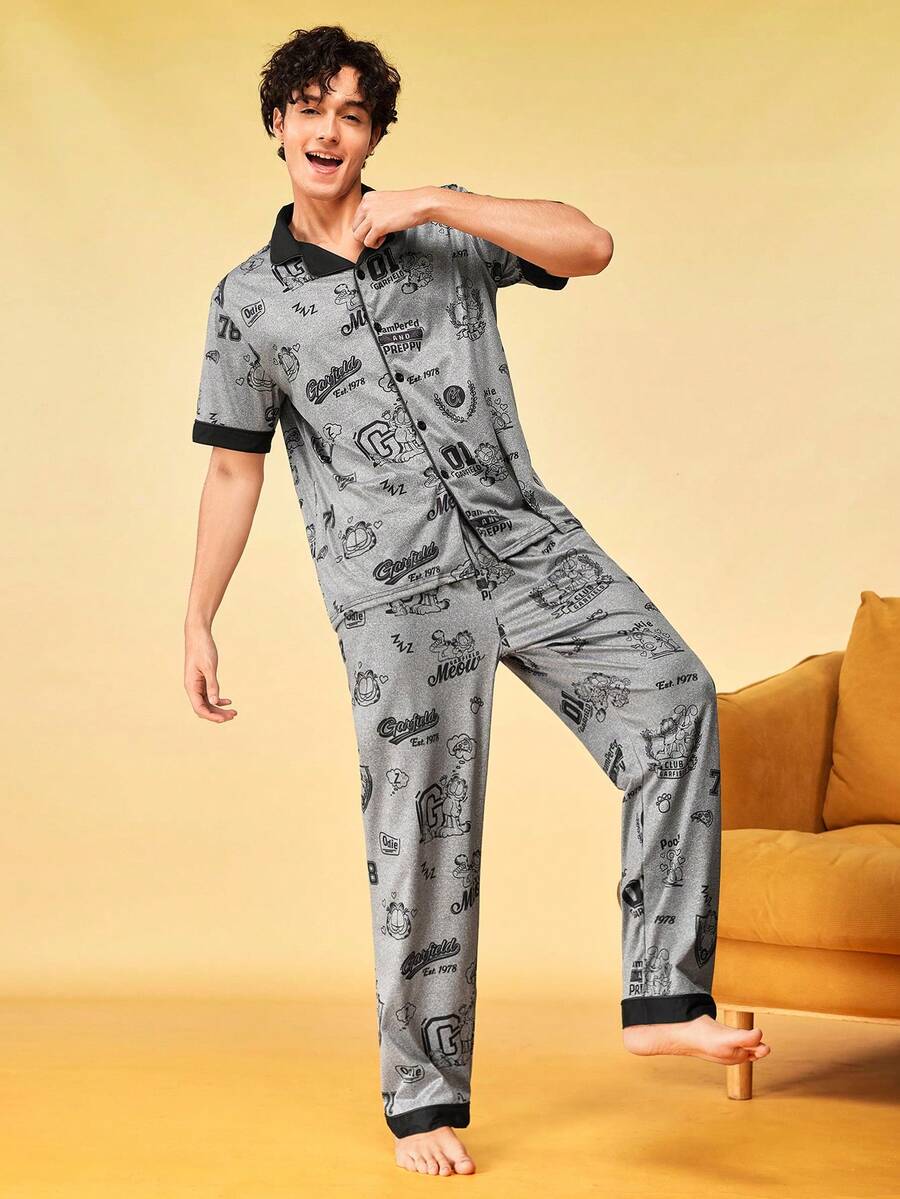 Notgurli GARFIELD | SHEIN Men's Open Front Game Console Print Loungewear Set - Grey - View 1