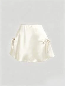 Sweetra Women's Satin Fabric Skirt With Bow Decoration On Both Sides, Umbrella Hem And Zipper - Apricot - View 4