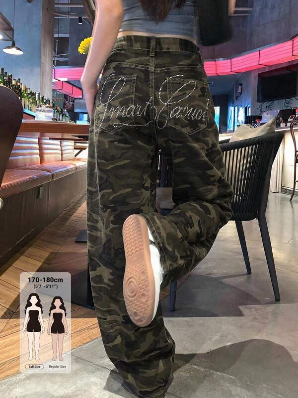 Dazy Tall Women's Camouflage Loose Straight Leg Pants Rhinestone Letter Design Street Casual Jeans