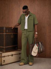 Vientiro Men's Fashion Short Sleeve Shirt & Flare Leg Pants Set - Army Green - View 2