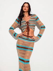 SHEIN Set Rajutan Jala Bergaris Bohemian, Penutup Pantai Transparan Berongga, Set 2 Potong untuk Liburan di Tepi Laut, Gaya Seksi - MultiWarna - View 6