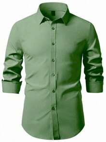 Manfinity Mode Men's Casual Versatile Solid Color Long Sleeve Shirt - Green - View 3