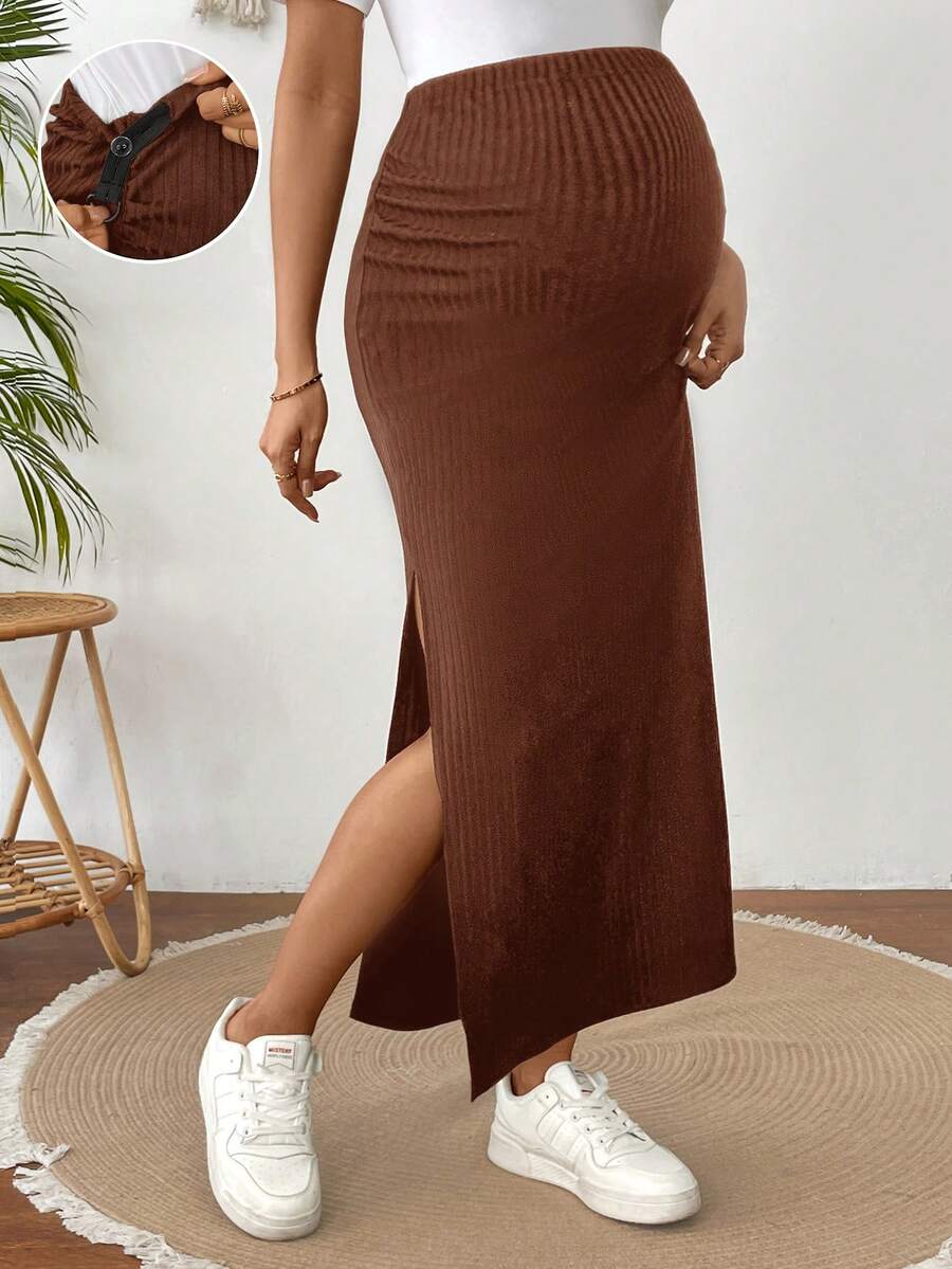 SHEIN 孕婦休閒純色側開衩裙 - 咖啡棕 - 查看 1
