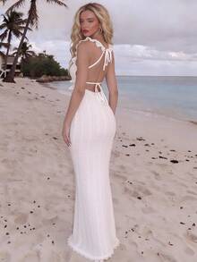 Turnttoni Summer White Sexy Crochet Textured Off-Shoulder Dress With Hollow Out Back And Elegant Hemline,Summer Dresses For Women,White Graduation Dress Party - White - View 5