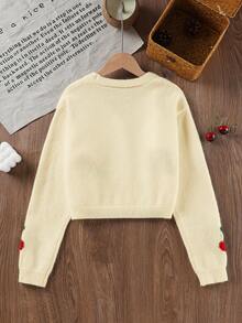 SHEIN Vintaside Kids 時尚休閒甜美櫻桃圖案青少年女孩長袖開襟衫 - 黃色 - 查看 2