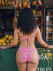 SHEIN Swim 2020新款夏季海灘度假四季通用大尺碼女款泳衣套裝，3D花卉布料，百搭易搭配 - 粉色 - 查看 2