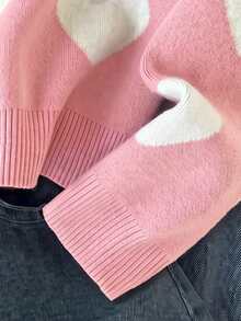 SHEIN Girls' Autumn/Winter Fashion Minimalist Casual Heart Pattern Jacquard Knit Sweater Long Sleeve Top - Baby Pink - View 5