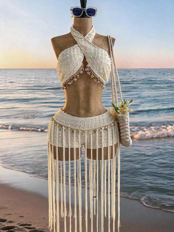 Soleia Women's Spring/Summer Romantic Vacation Textured Knit Shell Decor Halter Neck Bow Tie Tank Top + Tassel Shell Decor Low Waist Mini Shorts 2pcs Set, Casual, Date, Valentine's Day, Afternoon Tea, Beach, Cruise, Island Vacation, Brunch, Road Trip, City Vacation, Music Festival, Party, Bohemian, Boho Vacation, Hippie, Western, Inner/Outer Wear, All Season, Daily Commute