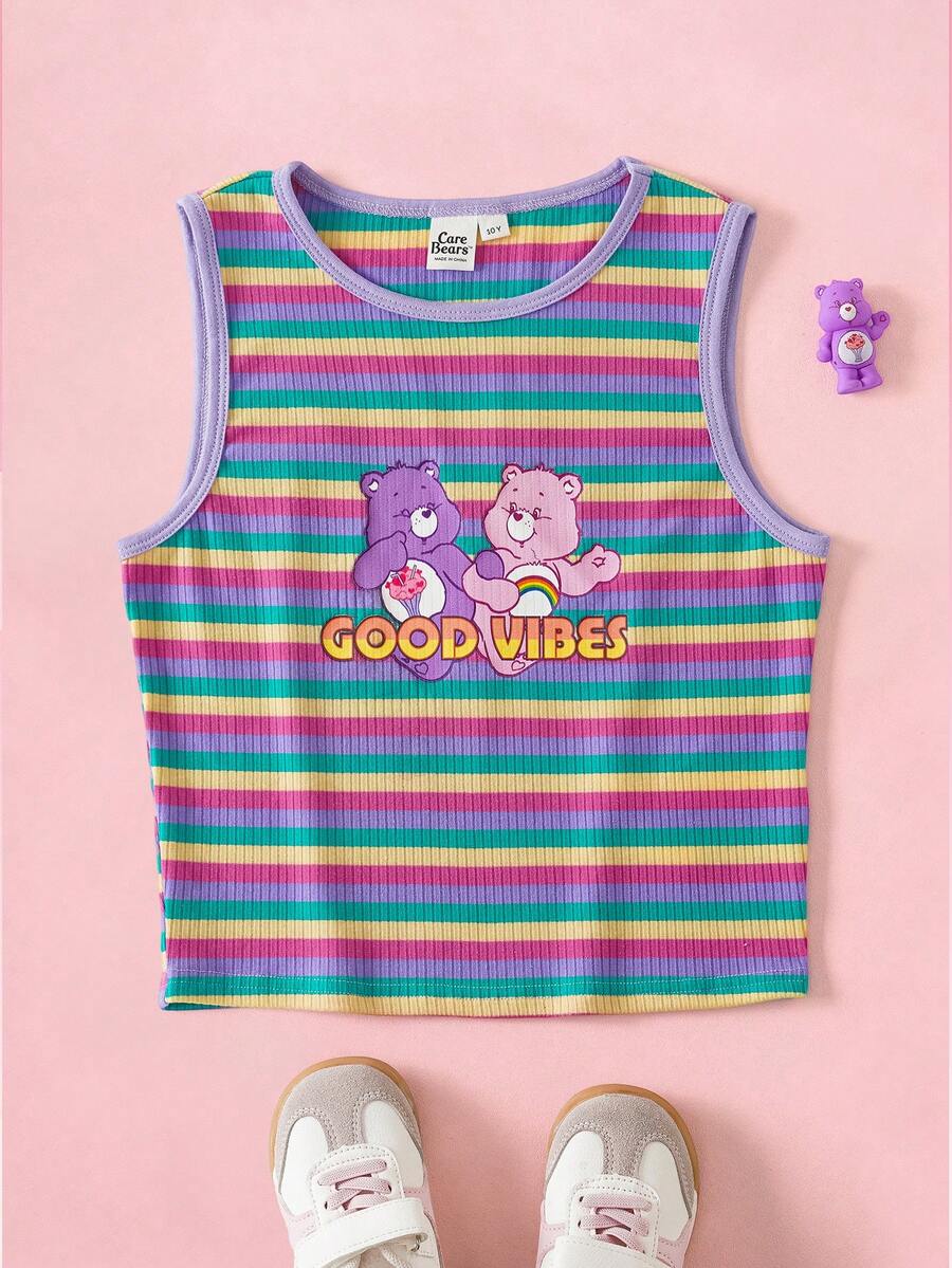 SHEIN X Care Bears 青少年女孩條紋圓領休閒背心 - 彩色 - 查看 1