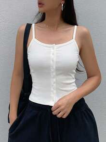 DAZY Top casual de verano de unicolor con botones delanteros y tirantes - Blanco - Ver 5