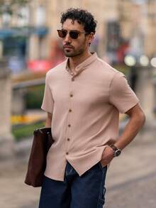 YOUESAWY YOUESAWY Men's Woven Casual Solid Color Short Sleeve Shirt Beige Men Shirt Men Cream Shirt Nude Shirt For Men Men Shirts Linen Tan Men Shirt - Apricot - View 5