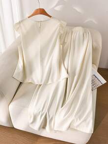 CosyJoli Plus Size Women Casual Fairy Set Bow Flutter Sleeve Blouse Long Pants Summer Clothing Cute White Outing Outfit Two Pieces Sleeping Lounge Home Wear - Apricot - View 3