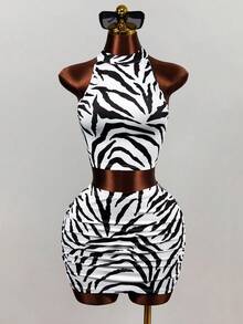 Mistrie Women's White And Black Zebra Print Halter Neck Set Backless Cropped Tank Top Bodycon Mini Skirt 2 Pieces Set Sexy Club Night Out Summer Party - Multicolor - View 5