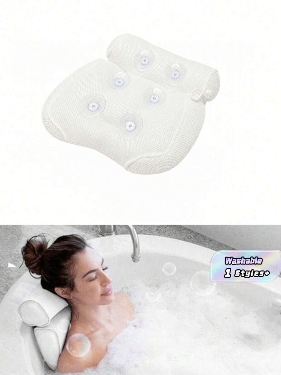 1Pc Bathtub Pillow With Anti-Slip Suction Cups, 3D Mesh Spa Bath Pillow For Neck & Back Support, Soft Comfortable Washable Bath Cushion For Home Bathroom Accessories - One Size Fits All - View 1
