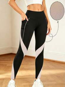 SHEIN Contrast Color Mesh Pocket Patchwork Yoga Leggings - Black - View 1