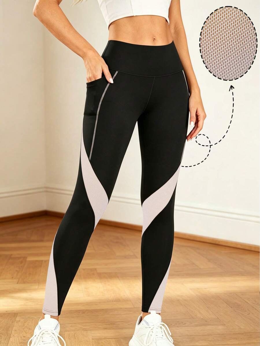 SHEIN Contrast Color Mesh Pocket Patchwork Yoga Leggings - Black - View 1