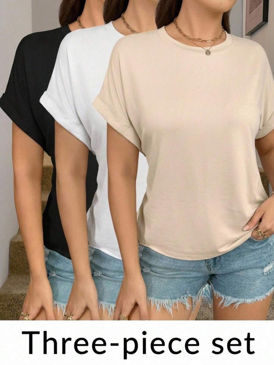 Easowa Curve 3件套 女式加大码纯色圆领休闲日常短袖T恤 嘉年华沙滩休闲情人节