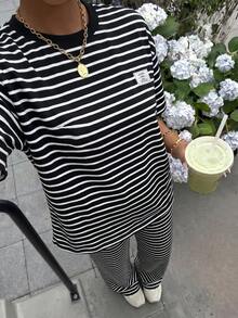 Muchica 女款新款針織黑白條紋休閒街頭風寬鬆短袖T恤與長褲套裝，適合早午餐、夏季旅行度假 - 黑與白 - 查看 6