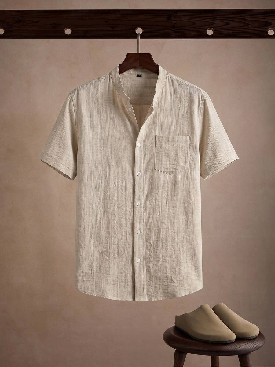 Core Aspect Men's Textured Jacquard Short Sleeve Shirt, Small Stand Collar Short Sleeve Top, Casual Commute , Ceremony - Khaki - View 1