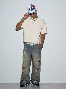 Modcrash Men's New Straight Leg Cat Whisker Distressed American Casual Denim Jeans - Bronze - View 3