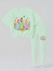 SHEIN 1套女童休閒時尚可愛甜美卡通公主圖案短袖T恤與印花內搭褲套裝，適合春/夏季外出、假期、上學、生日及其他場合 - 彩色 - 查看 3