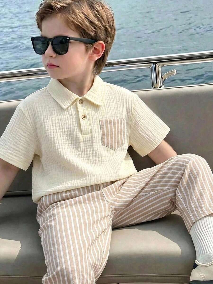 SHEIN 兒童小男孩寬鬆休閒翻領短袖 Polo 衫與長褲 2 件套