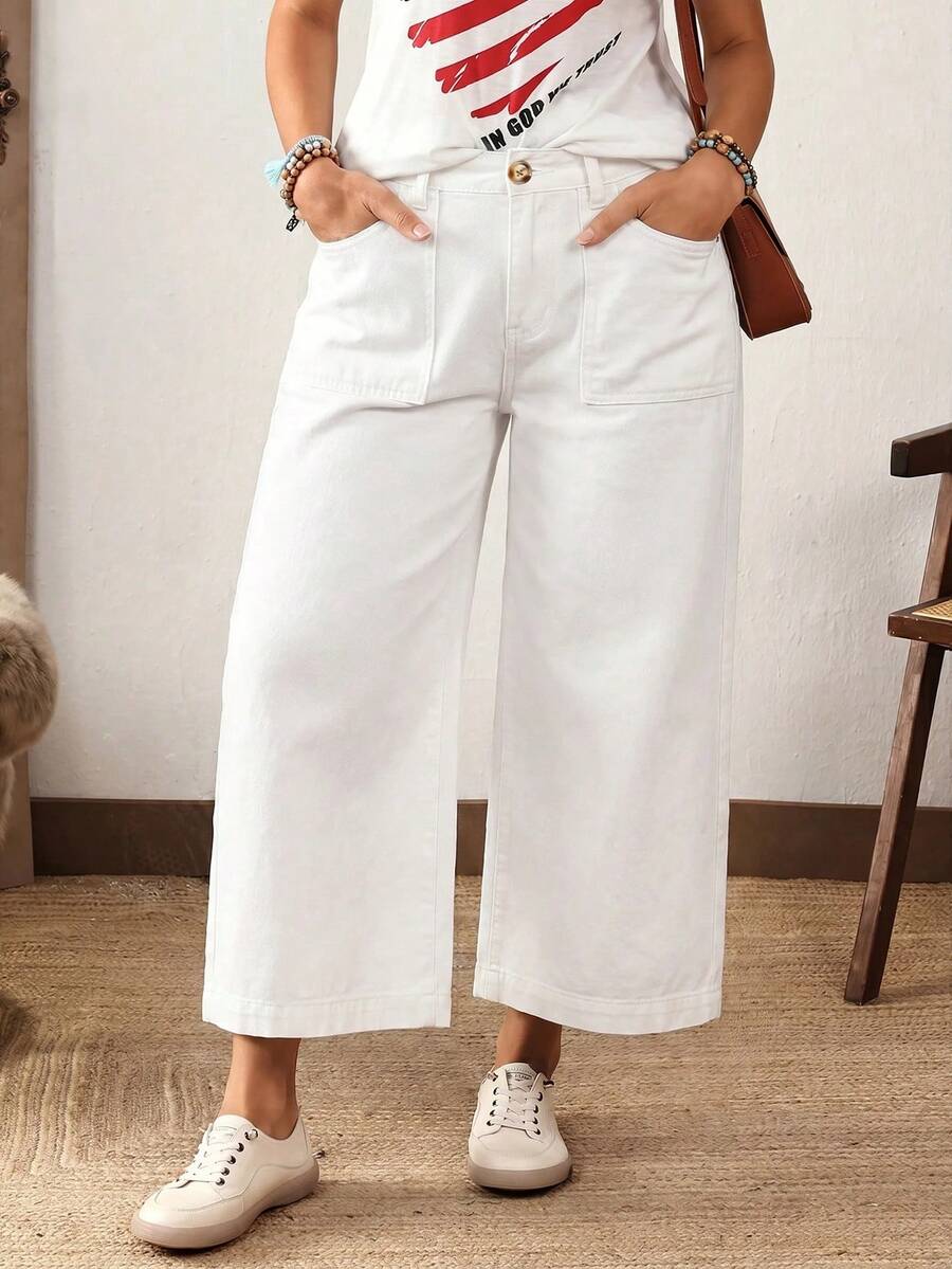 SHEIN CURVE+ Celana Jeans Denim Polos Kasual Serbaguna Ukuran Besar - Putih - View 1