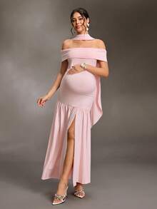 Cheriluna Maternity Women's Elegant Off-Shoulder Pleated Maternity Maxi Dress - Pink - View 7