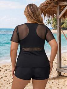SHEIN CURVE+ Plus Size Women's Bikini Set With Triangle Top And Mesh Cover-Up, Fashionable Minimalist Sexy Swimwear For Beach, Vacation, Pool And Swimming Summer - Black - View 3
