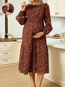 Slowluna Maternity Casual All-Over Print Ruffle Hem Nursing Dress Fall - Red - View 7