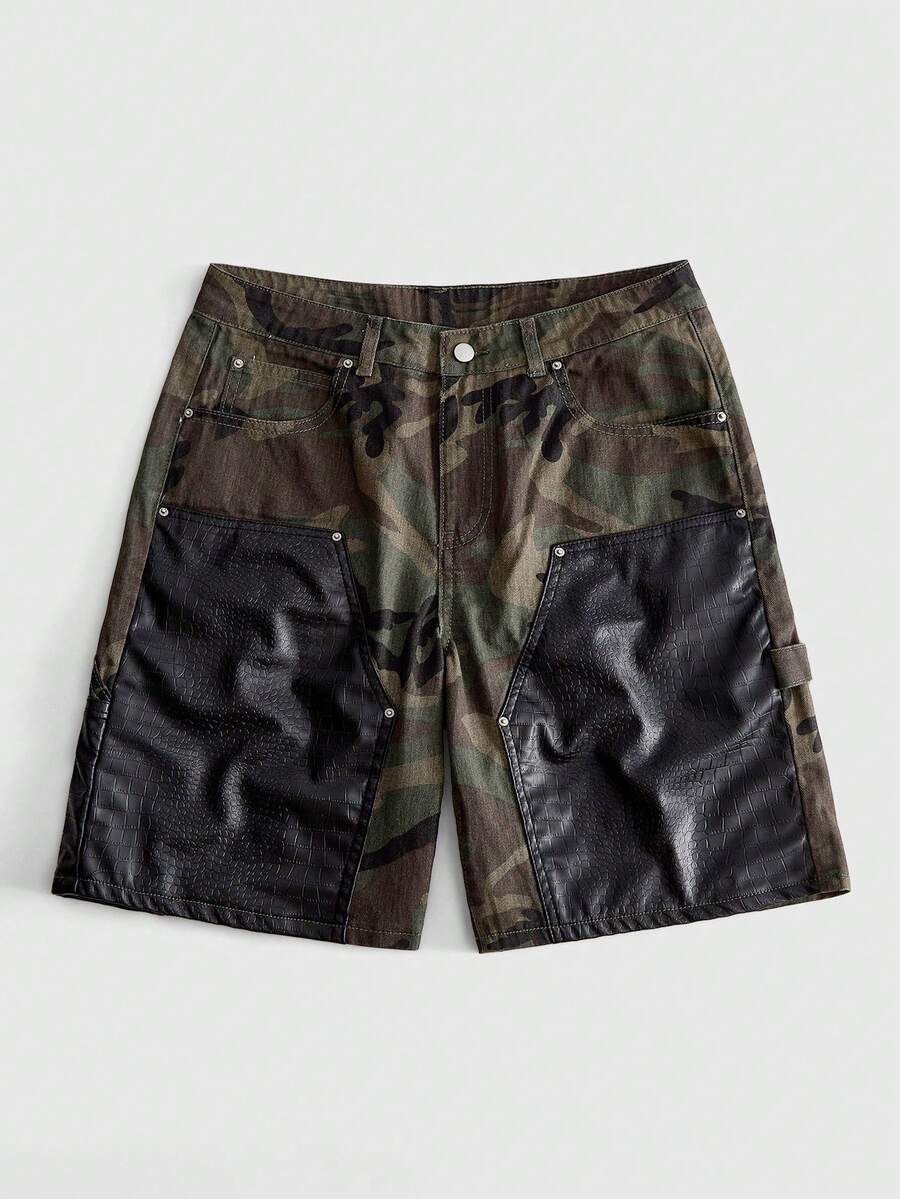 ROMWE MEN Men's PU Patchwork Camouflage Cargo Denim Shorts - Army Green - View 1