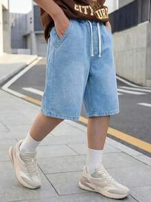 Celana Pendek Denim Hitam Bermotif Laba-laba Gaya Kasual Fashion Y2k Vintage Keren untuk Anak Laki-Laki Remaja, Cocok untuk Sehari-hari - Biru - View 1