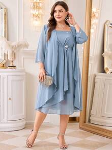 Reflora Plus Size Elegant Party Evening Wedding Guest Rhinestone Decor Solid Color Jacket Dress Dusty Blue Autumn - Blue - View 8