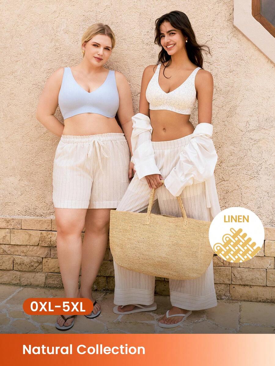 LUVLETTE Plus Size Women's Apricot Striped Linen Sleep Pants, Casual Wide Leg Pants With Pockets.