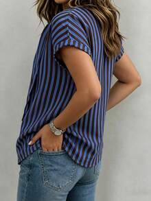 Linhara CURVE Women's Spring/Summer Blue & Brown Striped Casual Commute Top, Minimalist Design, Asymmetrical Neckline, Loose Fit, Flattering, Rolled Cuffs, Lazy Style, Linen, Comfortable, Versatile - Blue - View 2