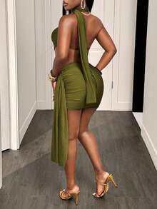 BamGleam Sexy Halter Neck Draped Ribbon Waist Cutout Bodycon Ruched Dress For Holiday Party Club Night And Banquet Olive Green Summer - Olive Green - View 3