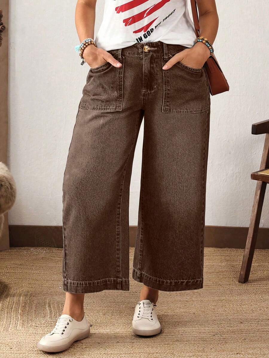 SHEIN CURVE+ 大尺碼休閒水洗寬腿牛仔褲 - 棕色 - 查看 1