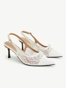 CUCCOO CHICEST Spring And Summer New French Retro Fashion Pointed Slingback Sandals White High Heel Lace Mesh PU Bow Shoes Workplace Commuter Versatile Shoes - White - View 2