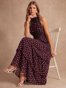 Enchnt Premium Summer Romantic Women's Elegant Brown Polka Dot Print Cake Hem Halter Neck Dress,Graduation Dress,Festival Outfits,Back To School,Fall - Brown - View 3