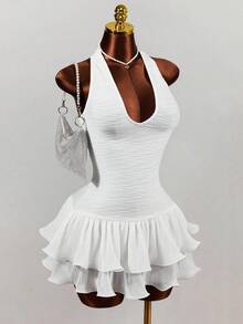 Mistrie Women's Sexy Summer Halter Neck Backless Dress With Ruffle Hem Party Club White - White - View 3