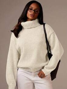 Athîral Women's Casual Solid Color Turtleneck Sweater, Autumn/Winter Office Off-White - White - View 1