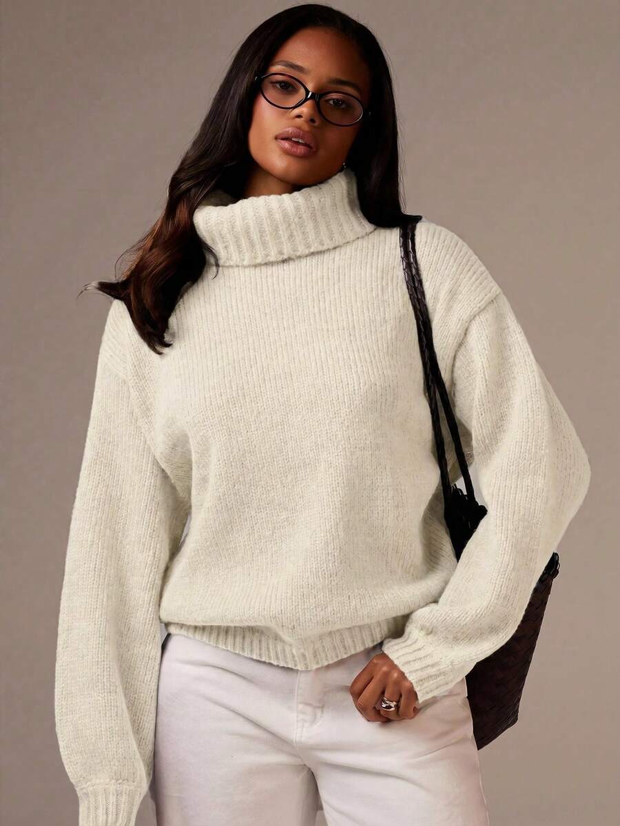 Athîral Women's Casual Solid Color Turtleneck Sweater, Autumn/Winter Office Off-White - White - View 1