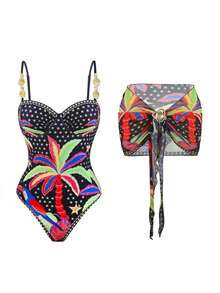 Swim Oasis Women's 2 Pieces Oasis Vacation Premium Set, Dodo Bird & Coconut Tree Print Positioned Print One-Piece Swimsuit & Skirt Set, Adjustable Straps, Oasis Women's One-Piece - Black - View 3