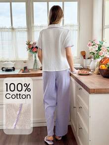 Snug Reverie Bộ đồ mặc nhà 100% cotton gồm áo tay ngắn cổ bẻ viền vỏ sò vân nổi màu kem + quần dài thường ngày màu tím khoai môn - Nhiều màu - Xem 2